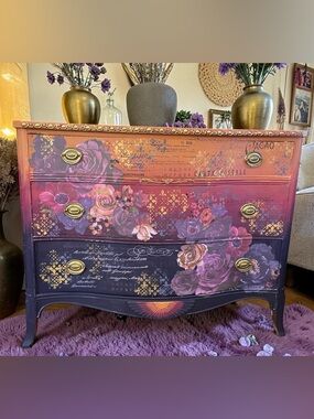 Decorative Floral Ombre Chest of Drawers in Purple and Orange